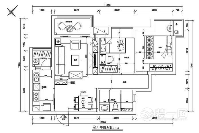 简欧二居室装修施工平面图